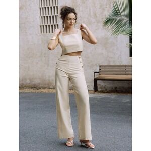 Commense Cotton & Linen Button Decor Tank Top With Straight Leg Pants Set XS
